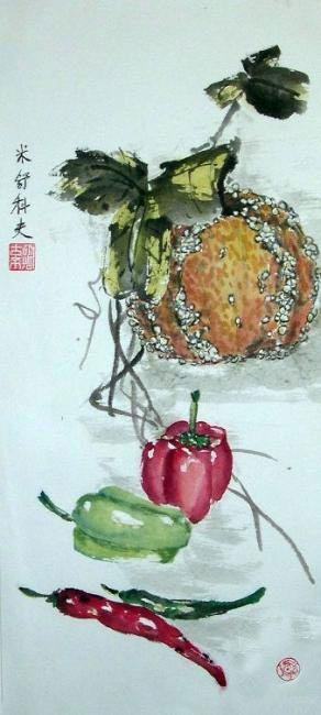 Китайская живопись Николай Мишуков. Тыква декоративная и перцы