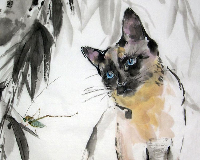 Китайская живопись Николай Мишуков. Ива, сиамский кот и саранча (фрагмент)