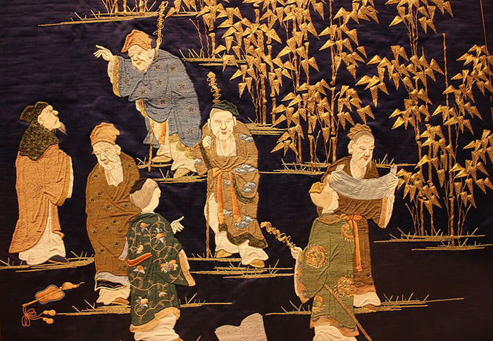 Семь мудрецов бамбуковой рощи на тёмном шёлке, 1860-1880.