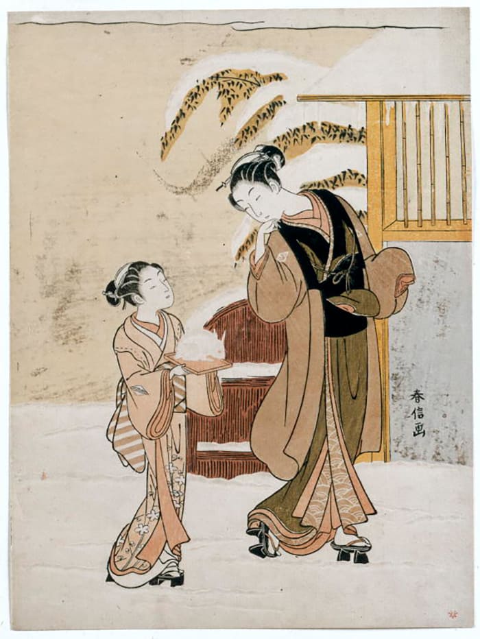 Судзуки Харунобу. Молодая женщина любуется белым кроликом
