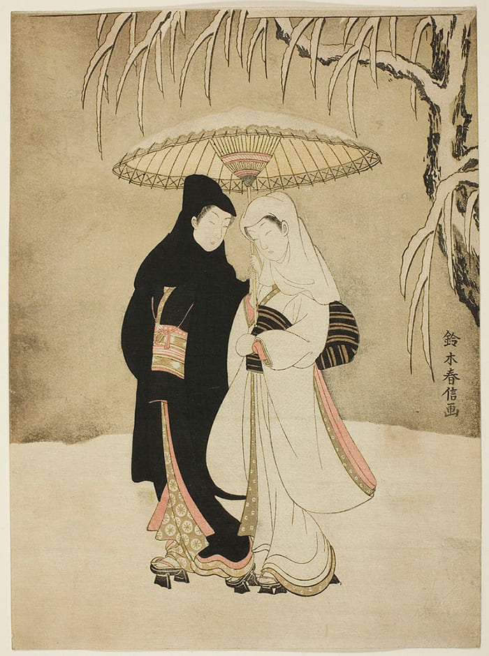Судзуки Харунобу. Пара под зонтиком в снегу