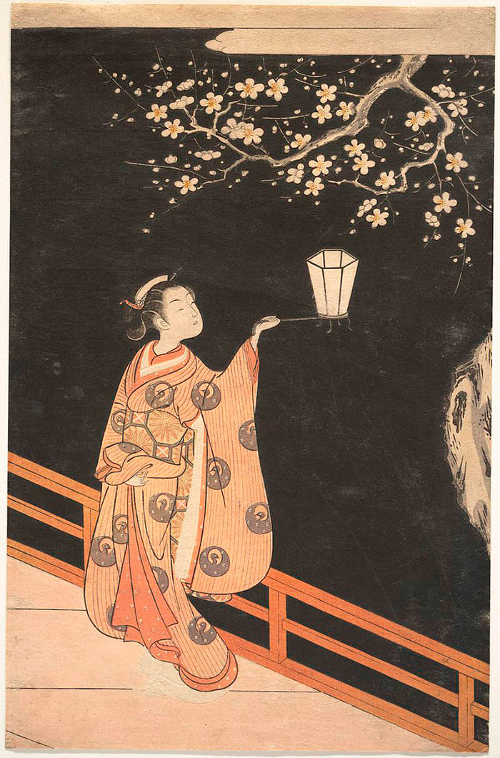 Судзуки Харунобу. Женщина любуется цветами сливы ночью